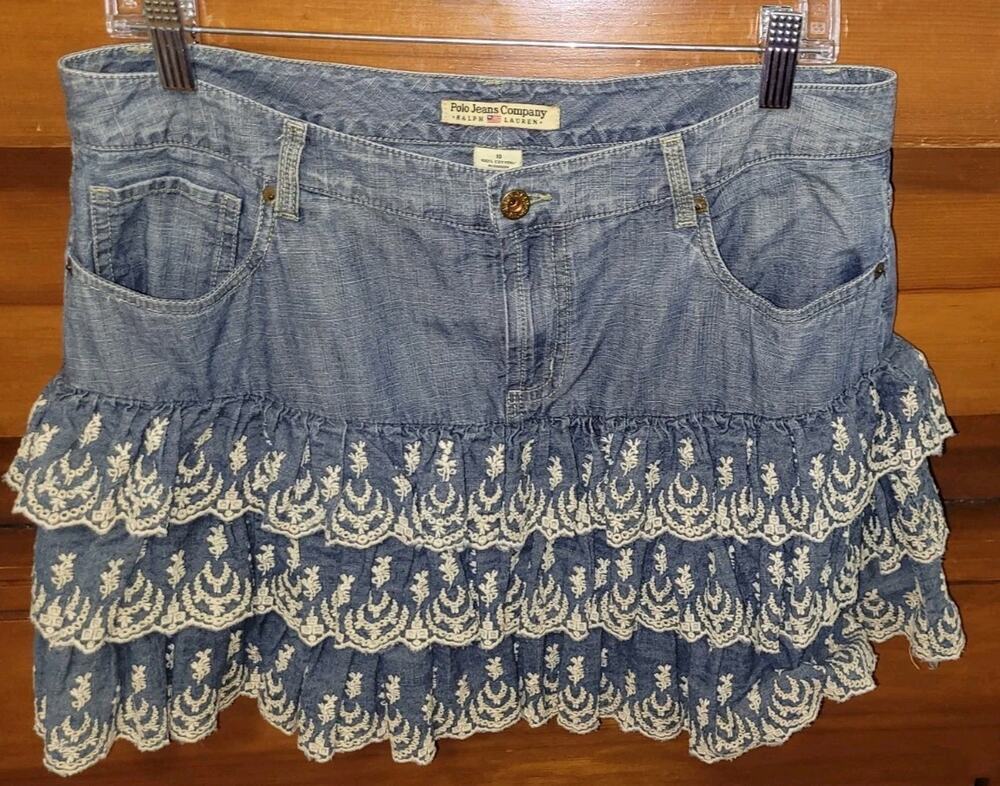 Ralph Lauren Vintage Polo Jeans Company Denim Tiered Ruffle Mini, Sz 10, Cottage